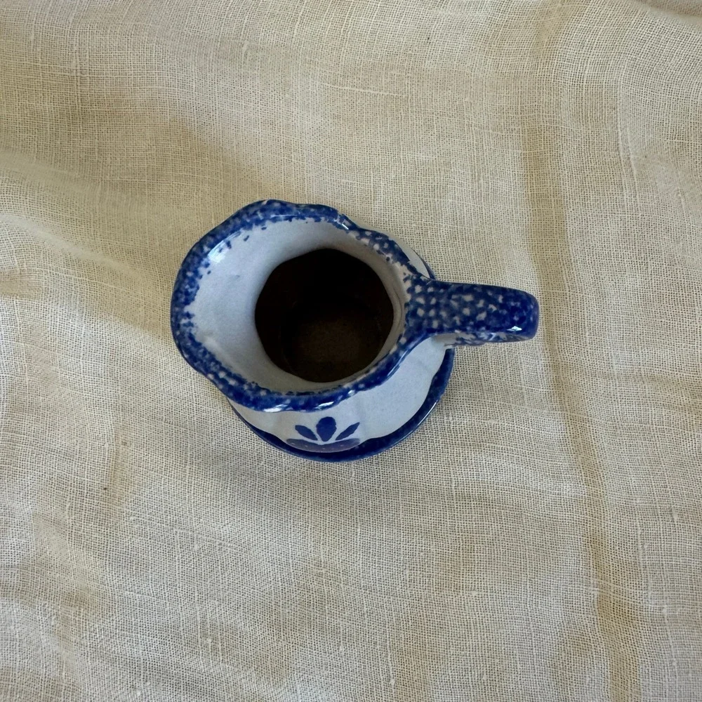 Miniature Blue White Heart Sponge Ware Pitcher and Saucer Set Farmhouse Decor